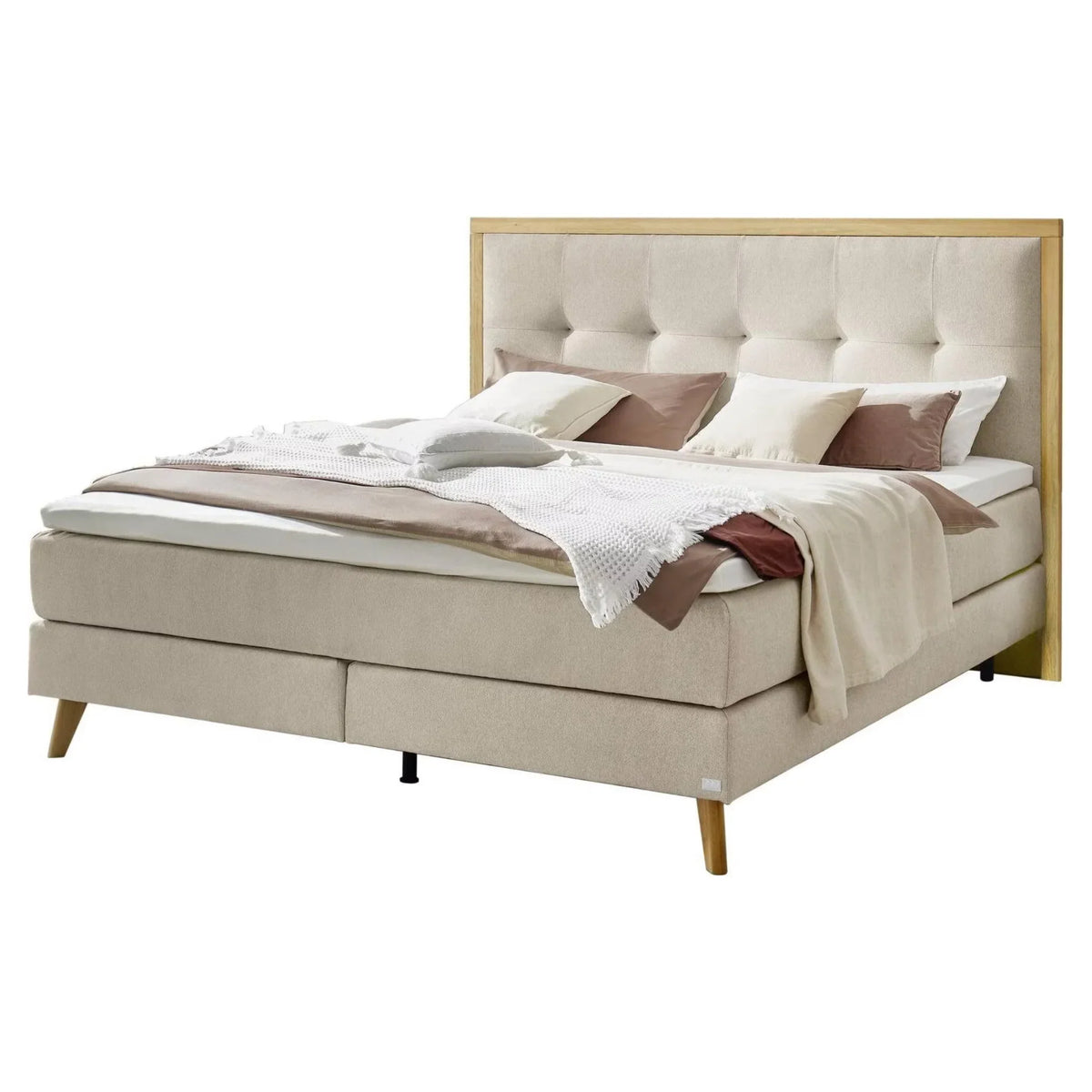 Boxspringbett mit Kopfteil, beige Polsterung und Holzrahmen, moderne Schlafzimmermöbel