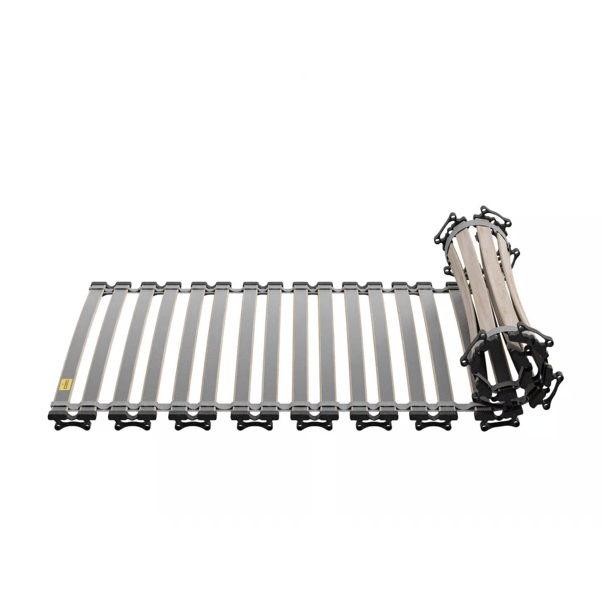 Bico Rollrost Basics 90x200 cm, teilweise aufgerollt, mit Holzlatten und schwarzen Kunststoffverbindern