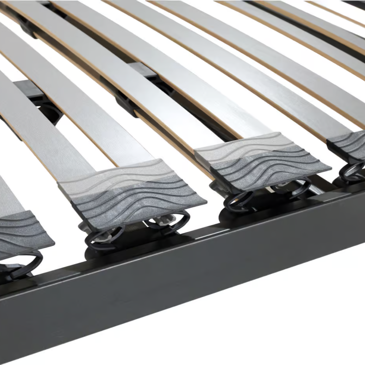 Lattenrost Swing-Flex Mod. A mit flexiblen Holzlatten in schwarzem Metallrahmen, Nahaufnahme der Federauflagen.