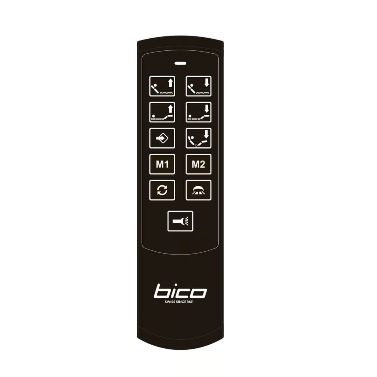 Schwarze Fernbedienung mit weißen Symbolen für Verstellfunktionen und Lautstärkeregelung, bico-Logo unten.