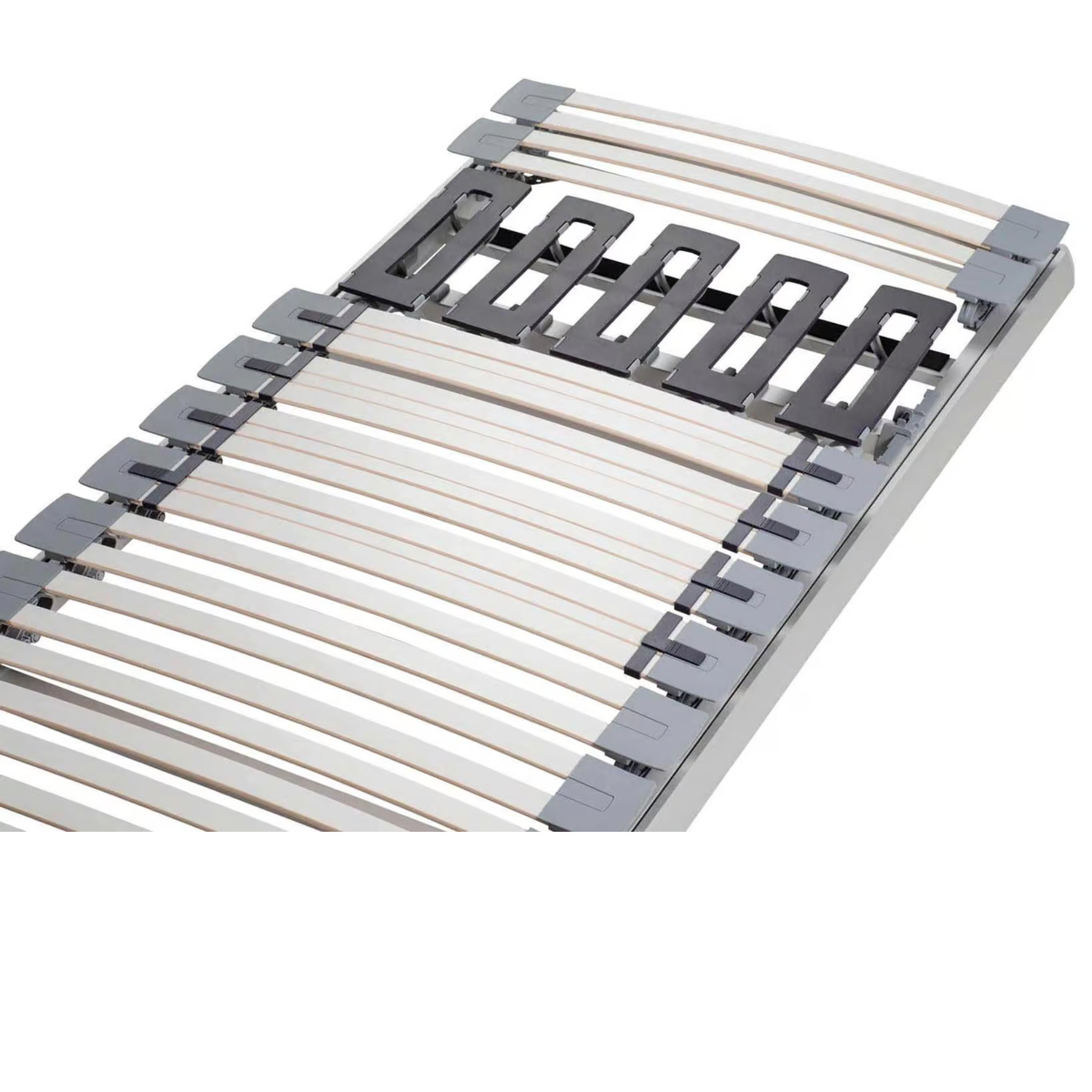 Lattenrost mit flexiblen, hellen Holzlatten in silbernem Metallrahmen, schwarze Federholzleisten und Mittelzonenverstärkung.
