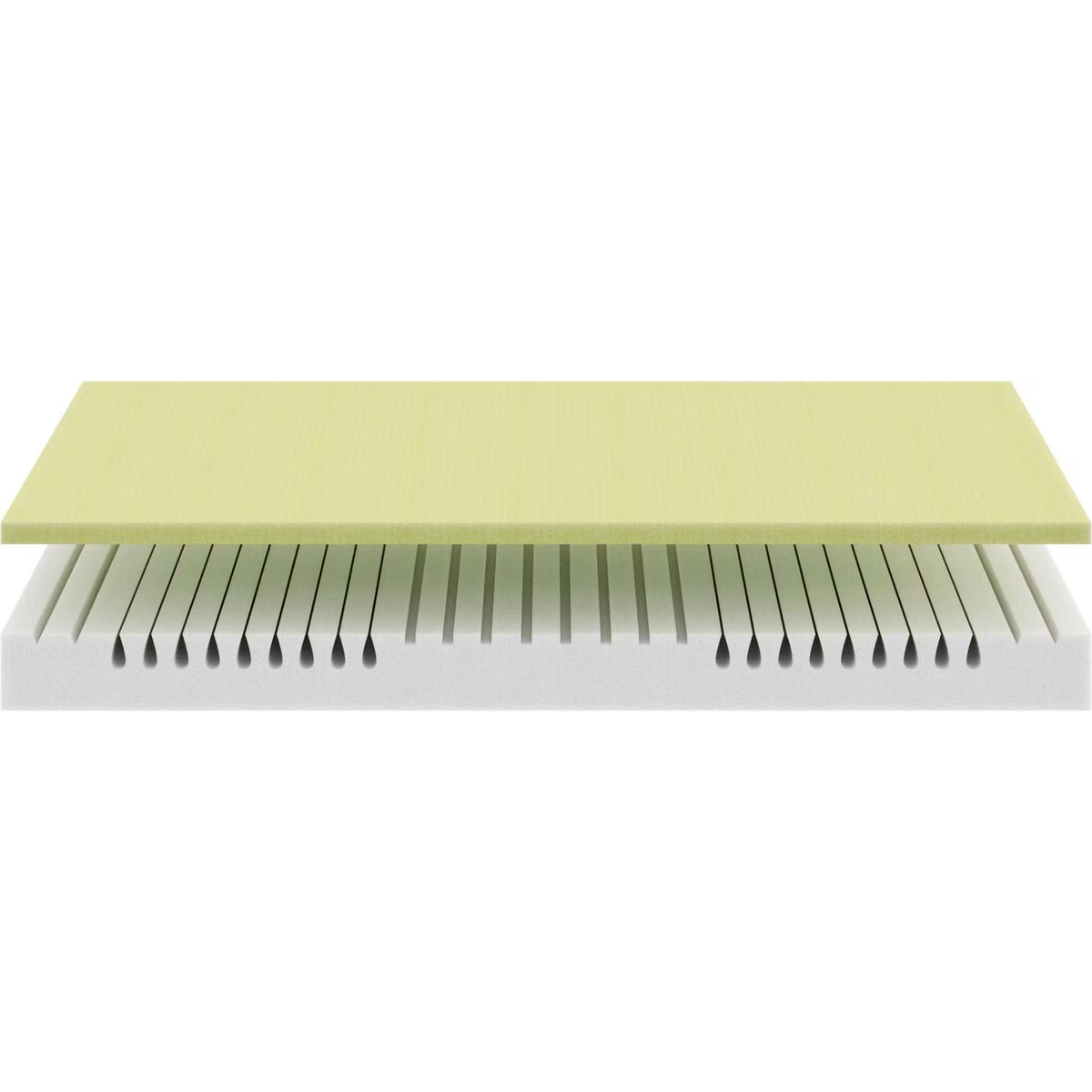 Bico Basics Matratze 90x200 cm – Querschnitt mit grüner Komfortschicht und weißem Wellenschnitt-Kern