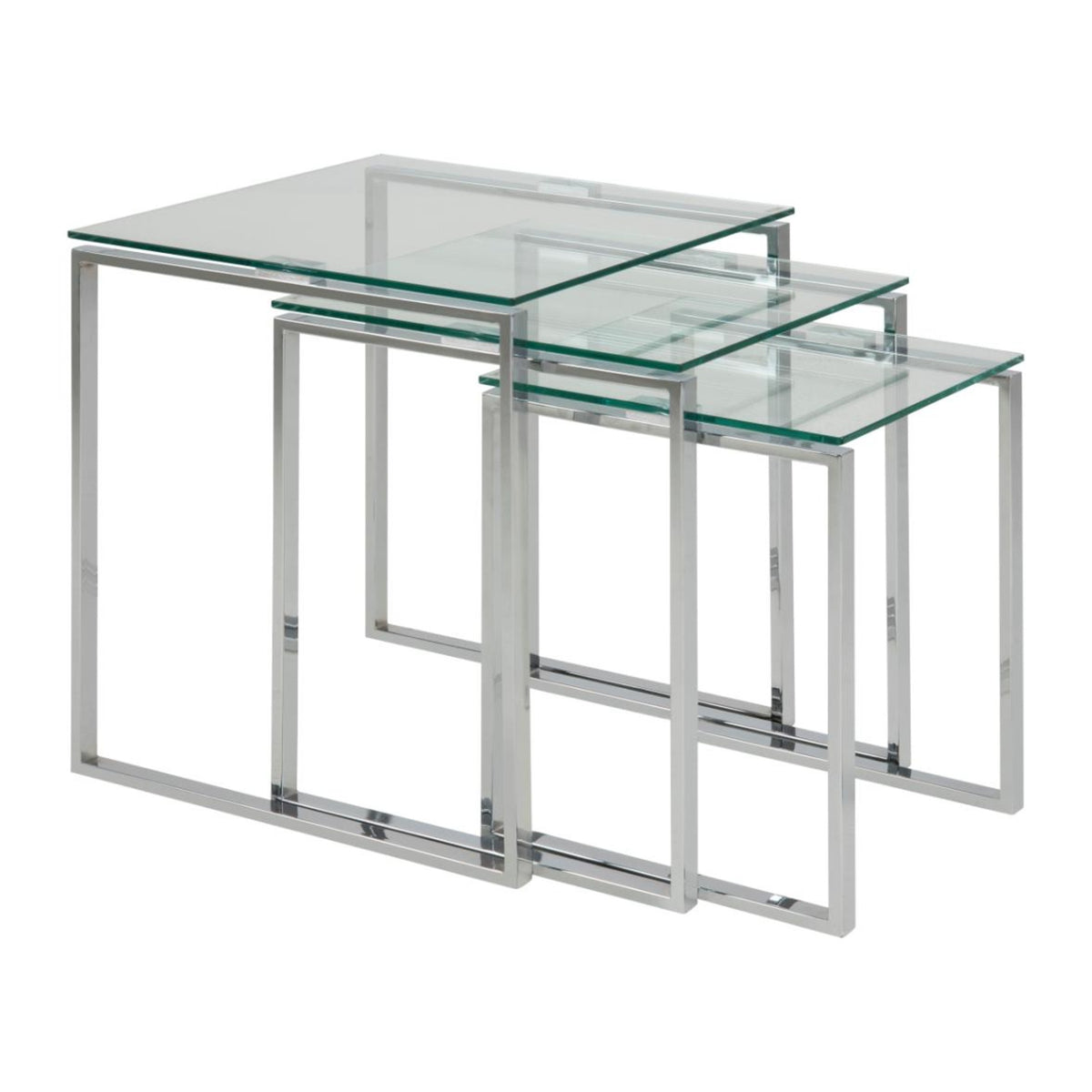 Katrine Satz mit Tischen quadratisch – Tischplatte klar gehärtetet Glas, Kufe Gestell Chrom Stahl mit Satz aus 3 Stück