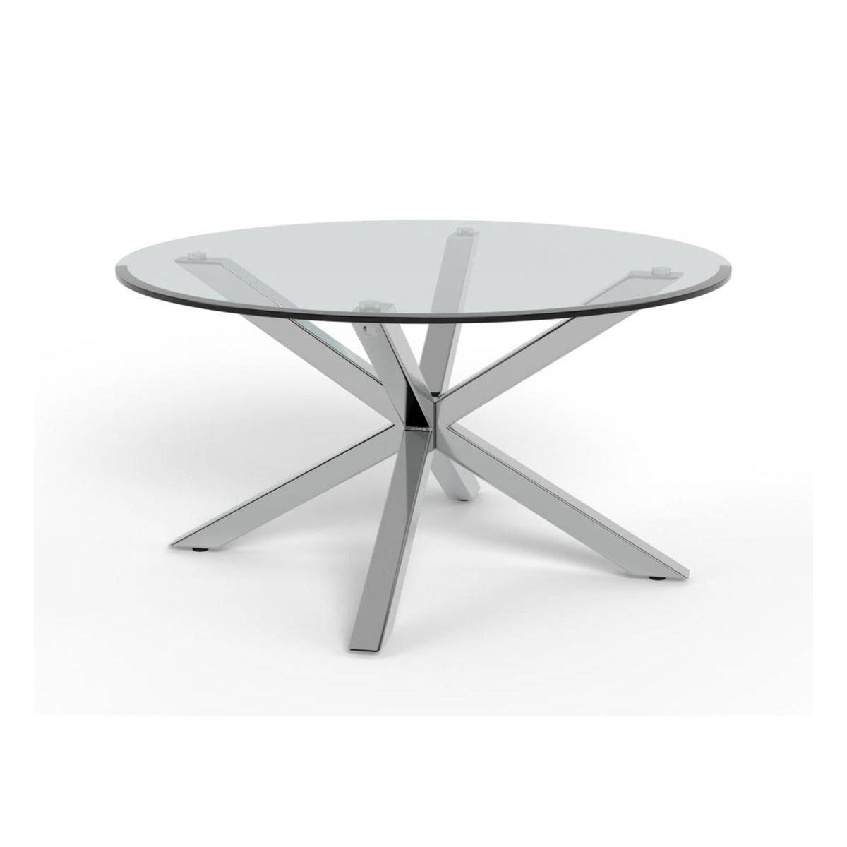 Heaven Couchtisch rund – Tischplatte klar gehärtetet Glas, 4 Stern Gestell Chrom Stahl
