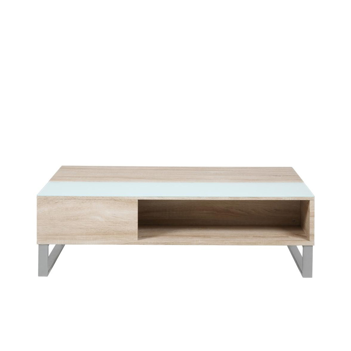 Azalea Couchtisch rechteckig – Tischplatte weiss gehärtetet Glas und Sonoma Eiche rau Melamin, Kufe Gestell Aluminium pulverbeschichtet Stahl mit Hebefunktion und versteckter Stauraum