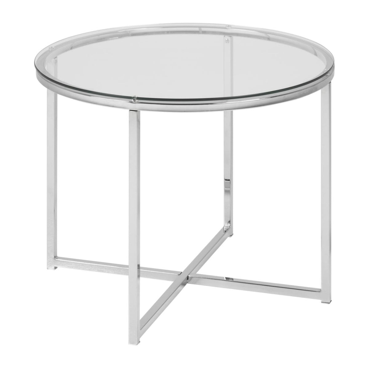 Cross Ecktisch rund – Tischplatte klar gehärtetet Glas, Gestell Chrom Stahl
