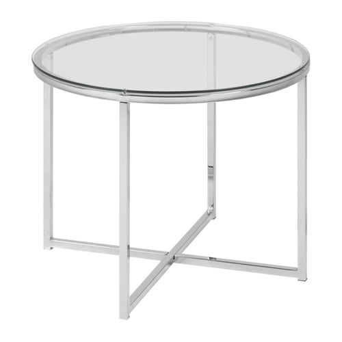 Cross Ecktisch rund – Tischplatte klar gehärtetet Glas, Gestell Chrom Stahl