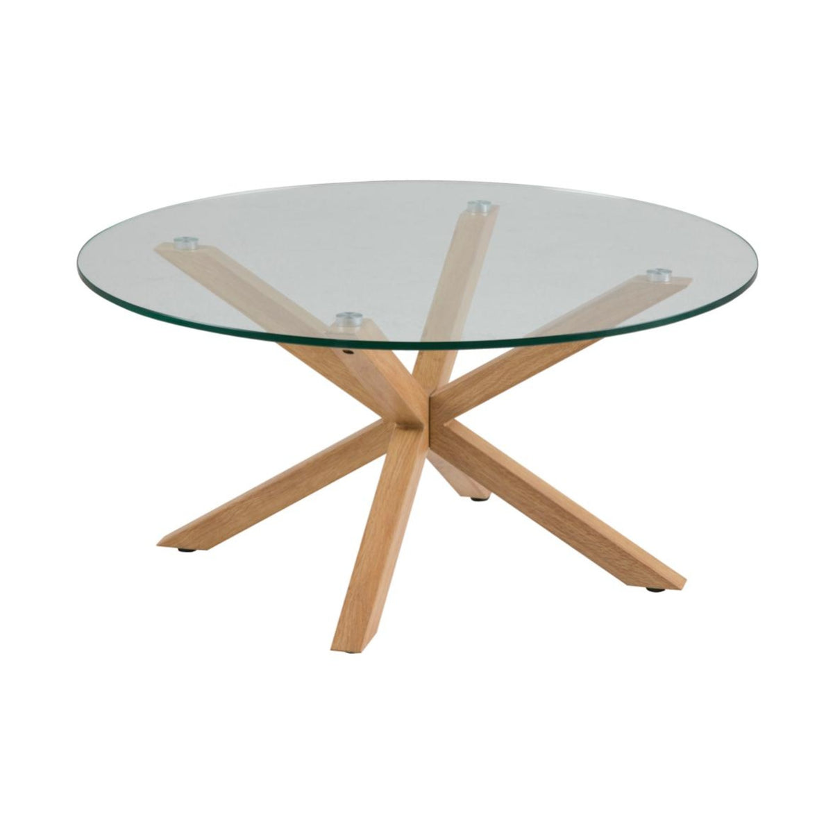 Heaven Couchtisch rund – Tischplatte klar gehärtetet Glas, 4 Stern Gestell Eiche Folie Stahl