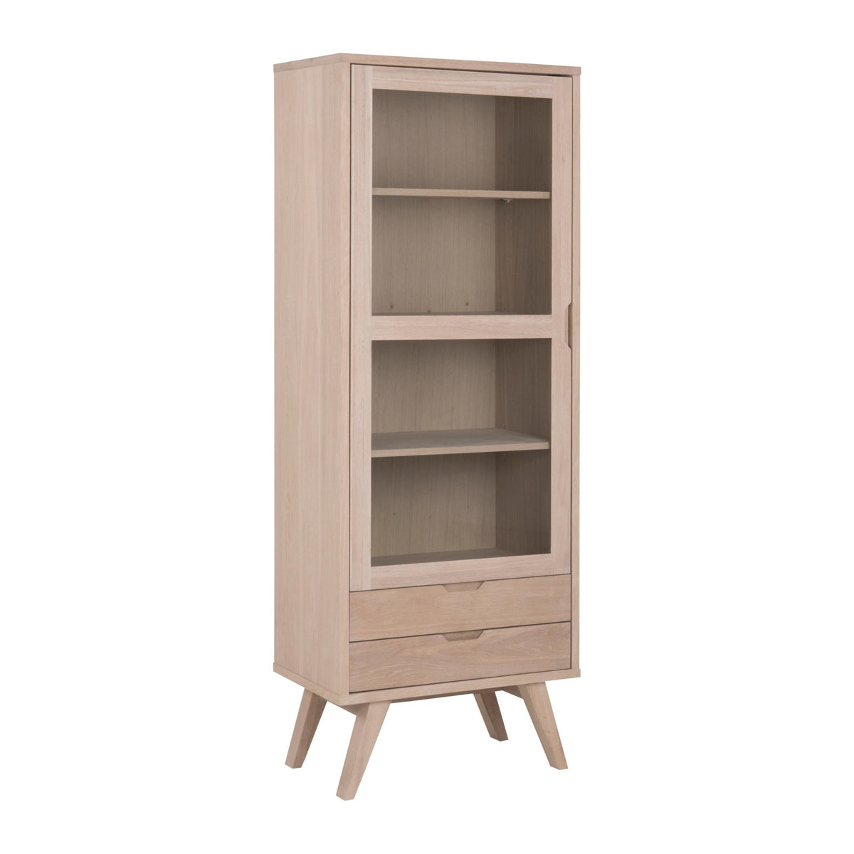 A-Line Vitrine – 2 Schubladen, 3 Böden und Gestell weiss pigmentiert Ölbehandelt Eiche Furnier, Tür klar gehärtetet Glas und weiss pigmentiert Ölbehandelt Eiche Furnier mit Metallschienen