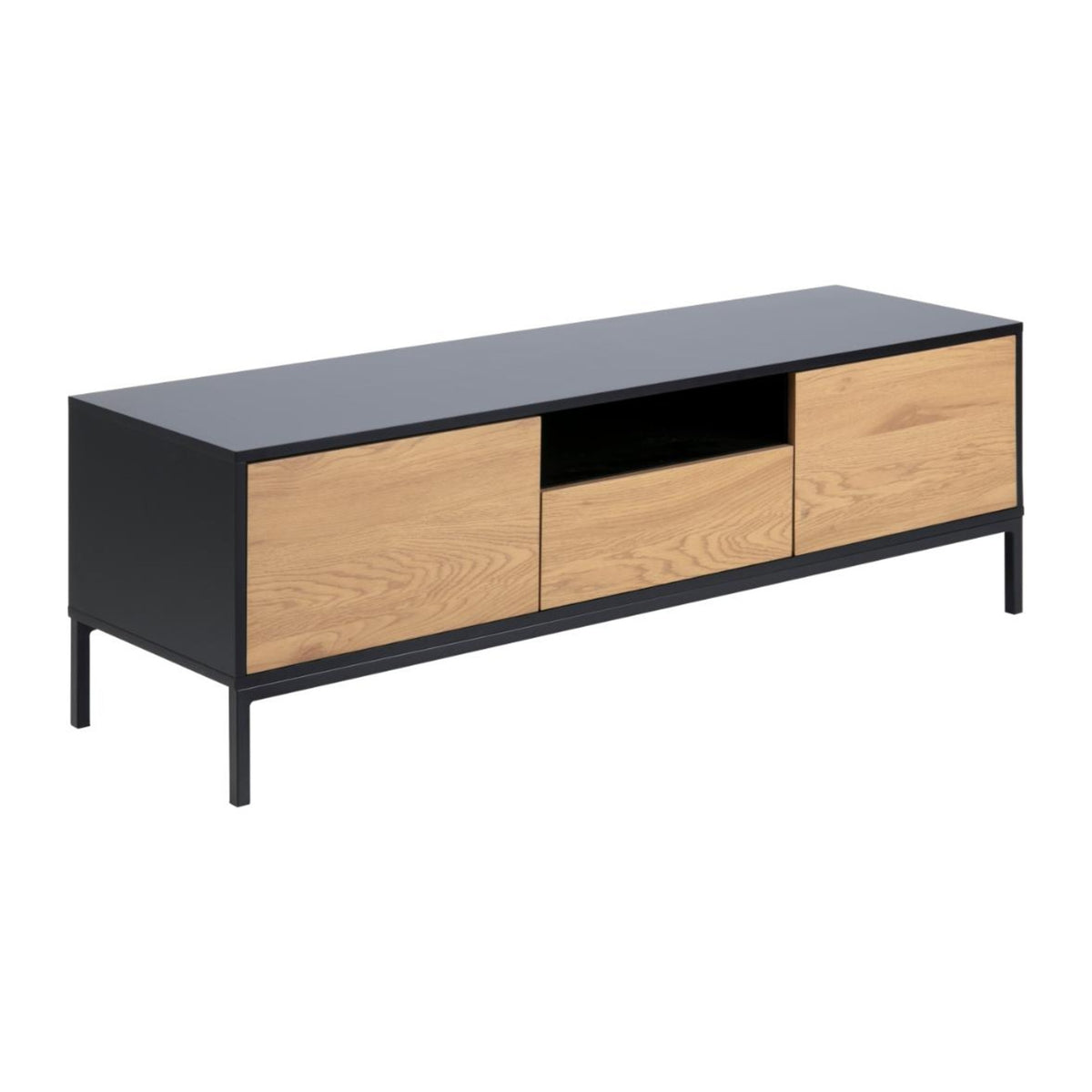 Seaford TV-Tisch – Tischplatte und Korpus schwarz PU lackiert MDF, 2 Türen und Schublade matt Wildeiche rau Papier, Gestell matt schwarz rau pulverbeschichtet Stahl mit Kabeldurchlass, Metallschienen, Vollauszug, Soft Close und push to open funktion, 1 offener Raum