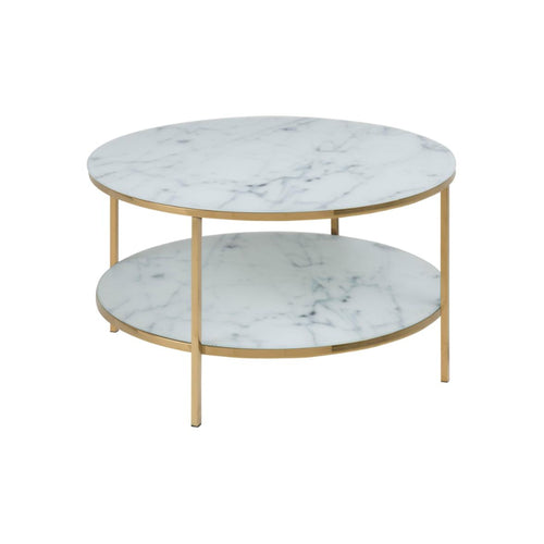 Alisma Couchtisch rund – Tischplatte und Boden Marmor weiss Rome gehärtetet und Milchglas Glas