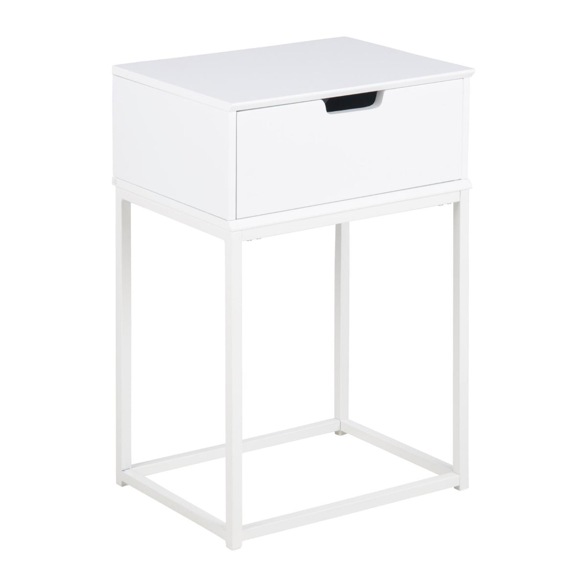 Mitra Nachttisch rechteckig – Korpus und Schublade weiss UV lackiert MDF, Gestell weiss pulverbeschichtet Stahl