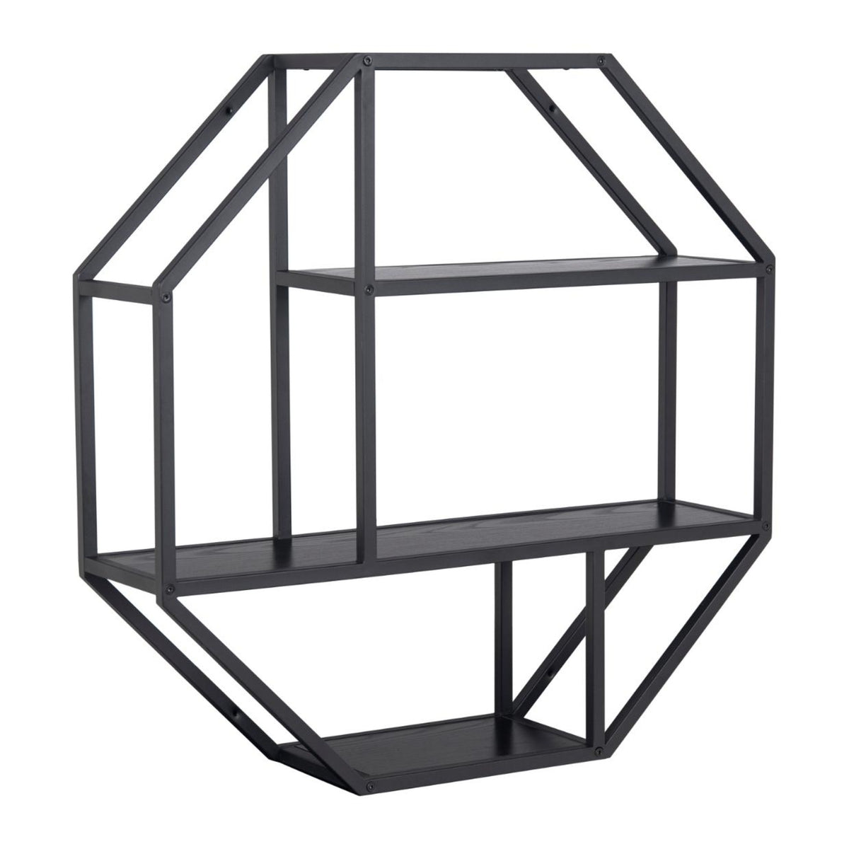 Seaford Wandregal achteckig – 4 Böden Esche schwarz rau Melamin mit asymmetrischem Detail