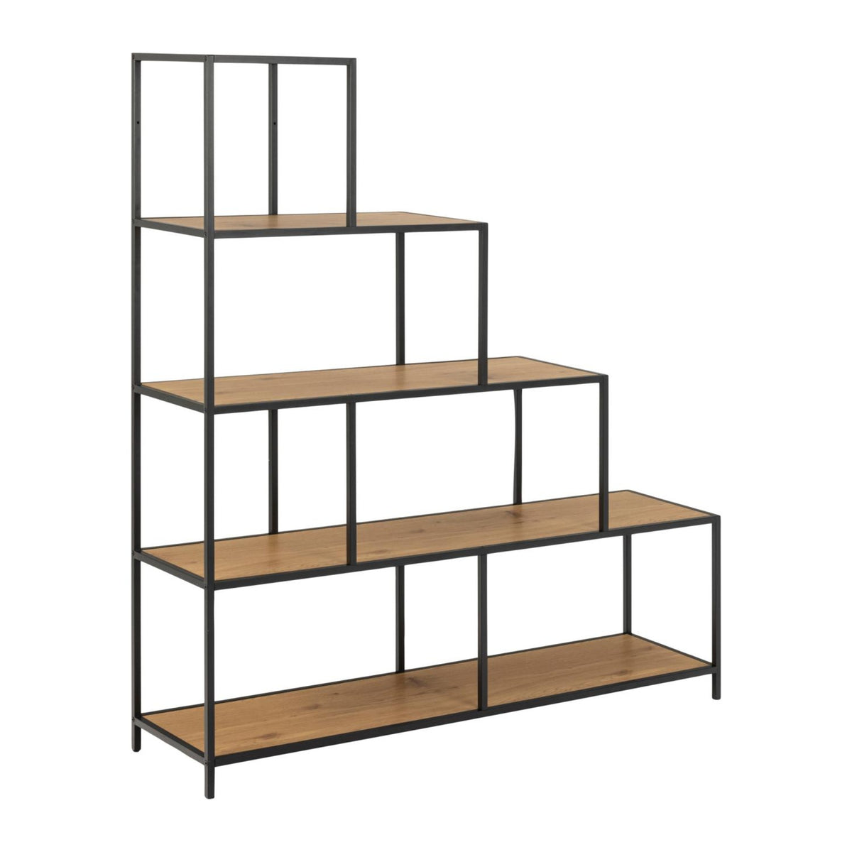 Seaford Regal – Korpus und Gestell matt schwarz rau pulverbeschichtet Stahl, 4 Böden matt Wildeiche rau Papier mit Treppenform und asymmetrischem Detail