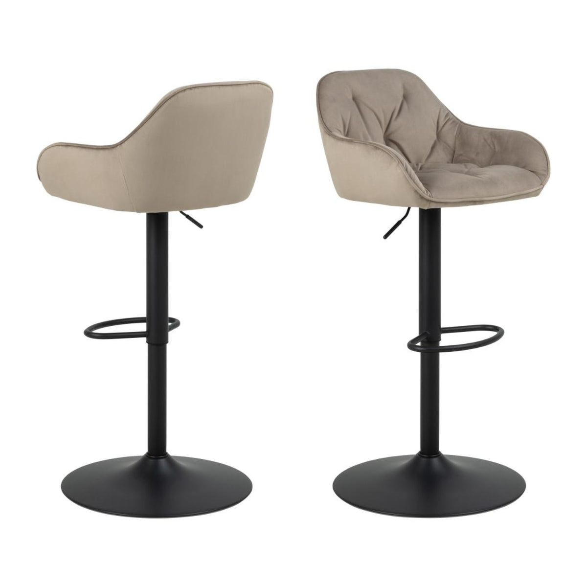 Brooke Barhocker – Vic Stoff beige 82AC FR, Trompete Gestell matt schwarz rau pulverbeschichtet Stahl mit Drehfunktion, Fussstütze, Gasfeder und Keder & Rautenheftung