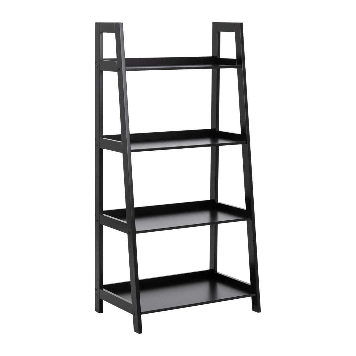 Wally Regal – Korpus und Gestell schwarz NC lackiert MDF, 4 Böden schwarz UV lackiert MDF mit Treppenform