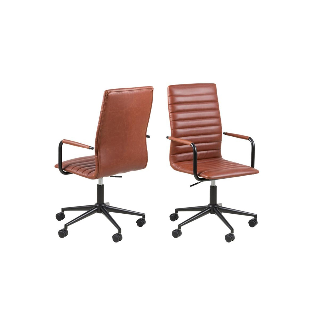 Winslow Schreibtischstuhl mit Armlehne – PU Vintage Cognac 11, 5 Stern Gestell schwarz pulverbeschichtet Stahl mit Bremsrollen