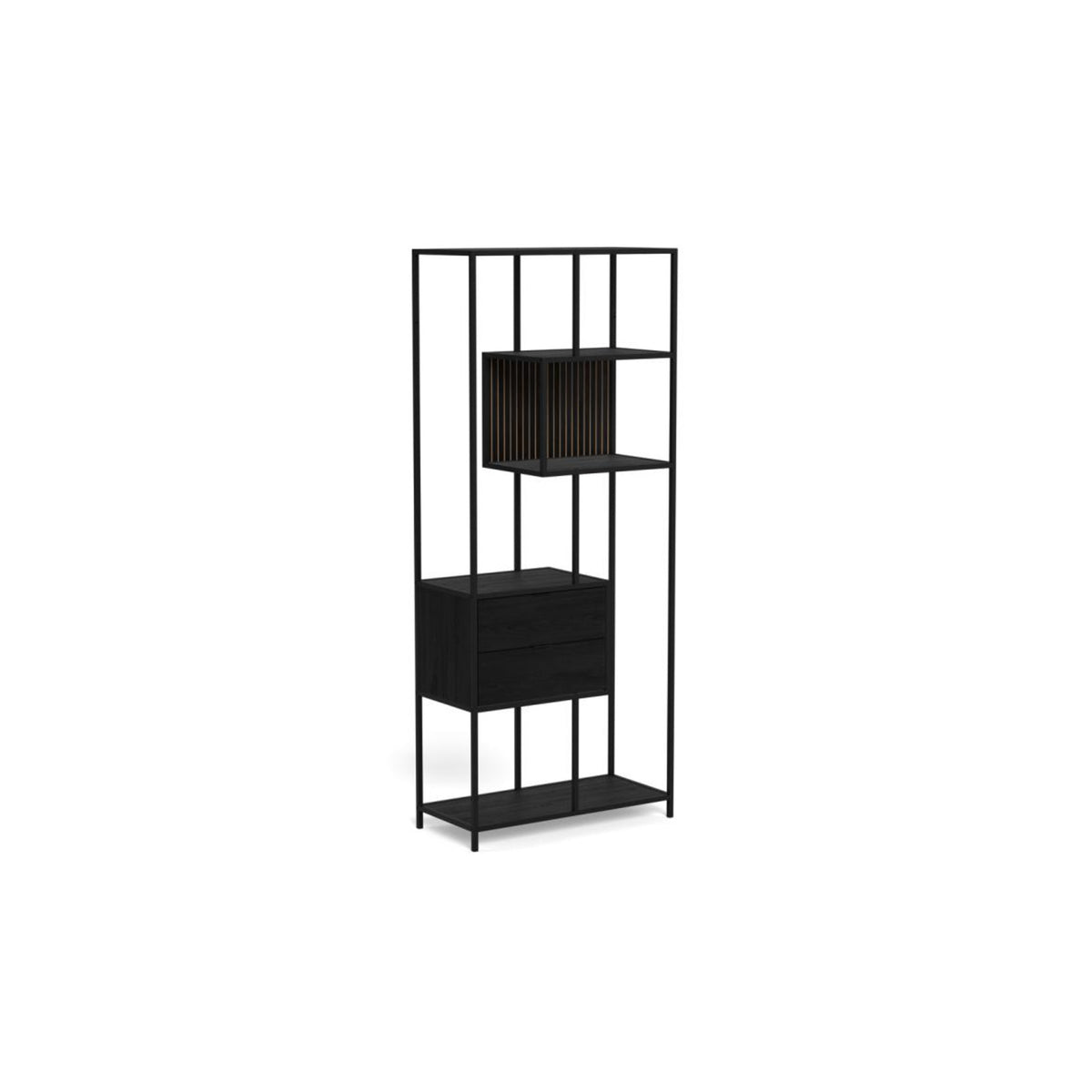 Seaford Regal – Korpus und Gestell matt schwarz rau pulverbeschichtet Stahl, 2 Schubladen und 4 Böden Esche schwarz rau Melamin mit asymmetrischem Detail und wendbare Rückwand