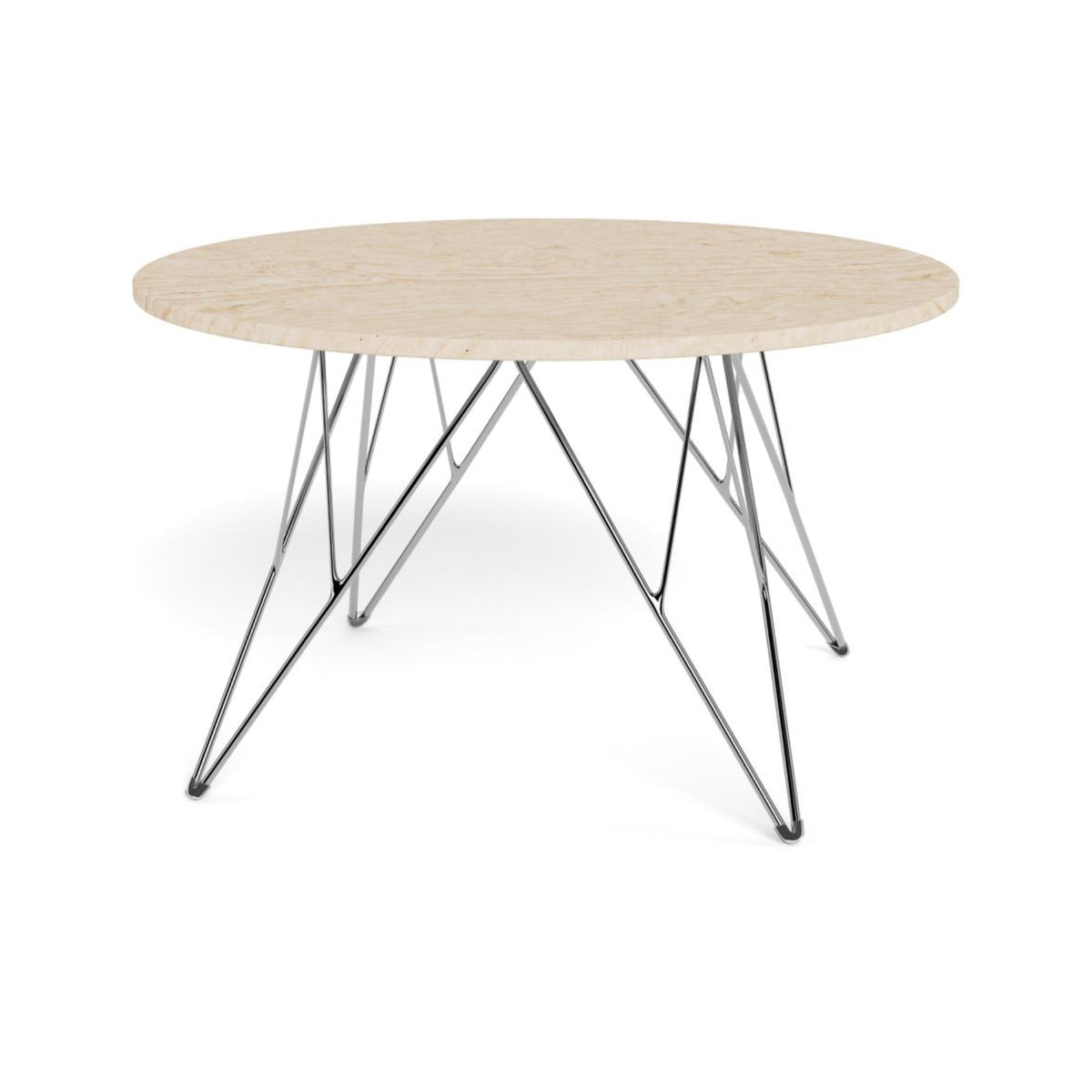 Prunus Couchtisch rund – Tischplatte matt beige lackiert Travertin, Gestell Chrom Stahl