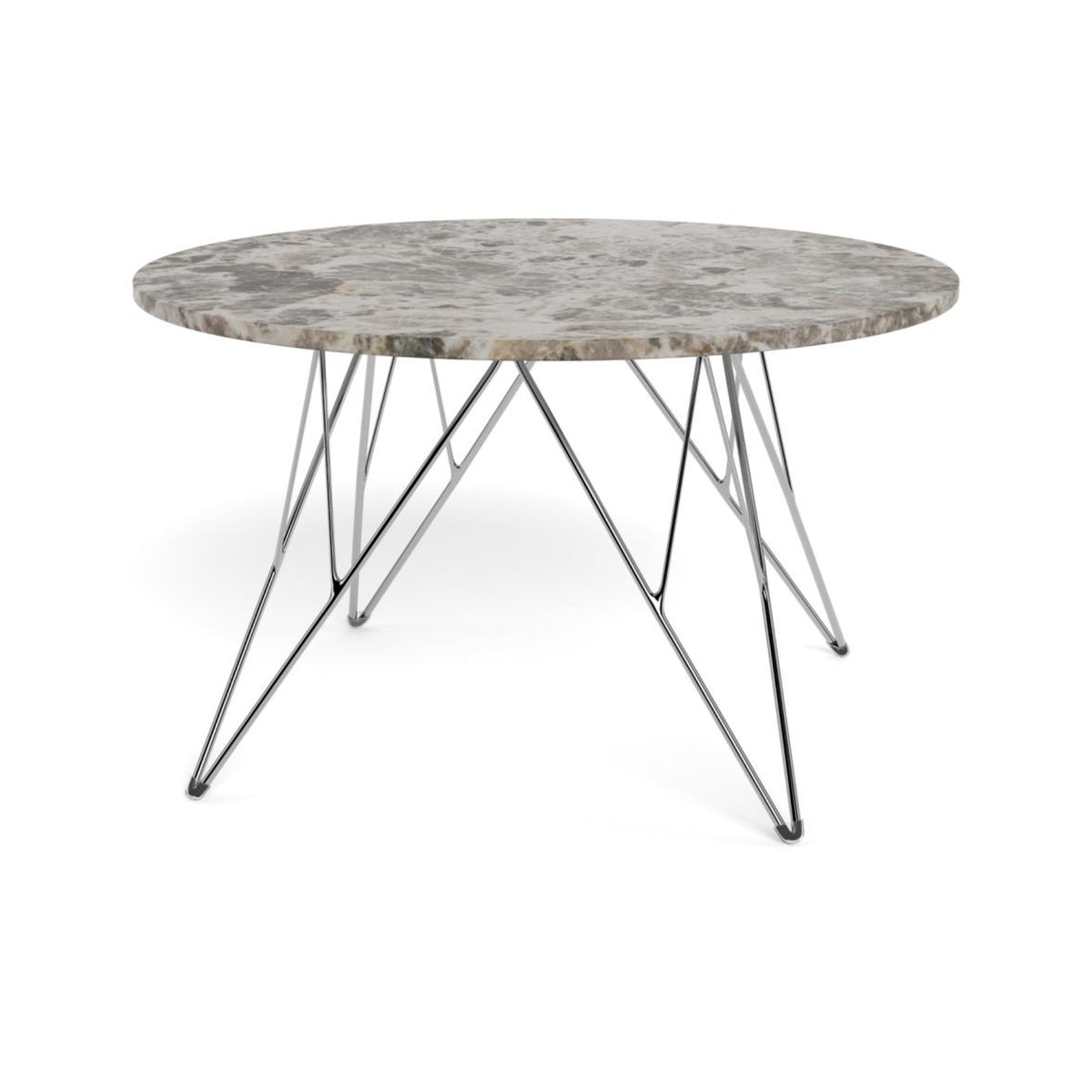 Prunus Couchtisch rund – Tischplatte matt braun Marron lackiert Marmor, Gestell Chrom Stahl
