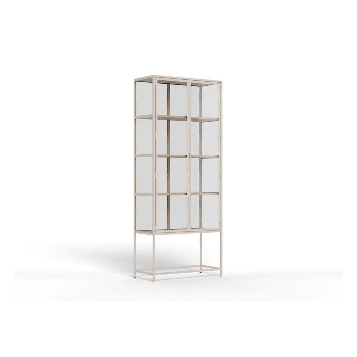 Seaford Vitrine – Korpus und Gestell grau rau pulverbeschichtet Stahl, Top und 4 Böden grau rau Melamin, 2 Türen grau rau pulverbeschichtet Stahl und klar gehärtetet Glas