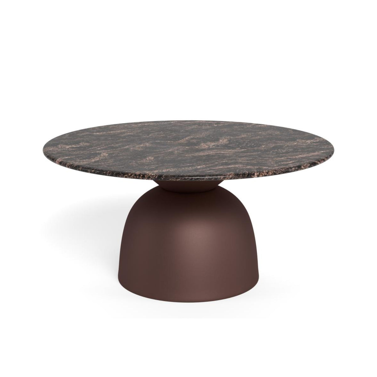 Ferrol Couchtisch rund – Tischplatte braun Cocoa poliert Marmor, Säule Gestell matt bronze rau pulverbeschichtet Stahl