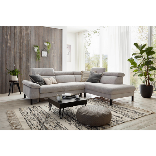 Ecksofa Elena Carina in Silber Feincord mit Schlaffunktion im modernen Wohnzimmer mit Naturholzboden
