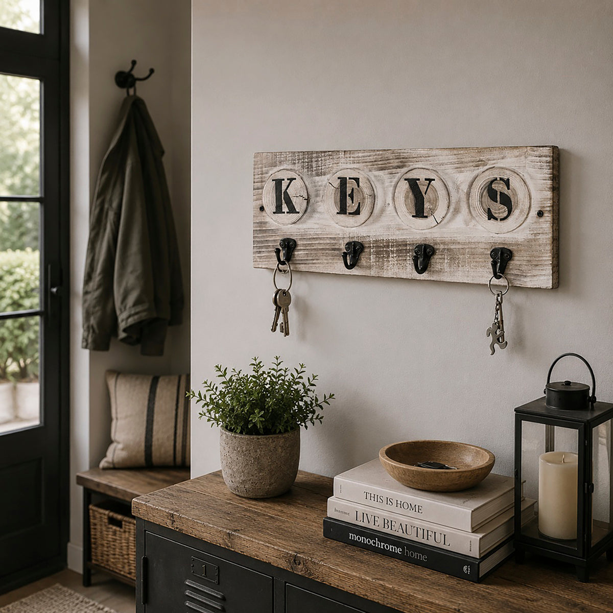 HAKU Möbel Schlüsselboard aus Massivholz Motiv Baumscheibe und Schriftzug in Grau