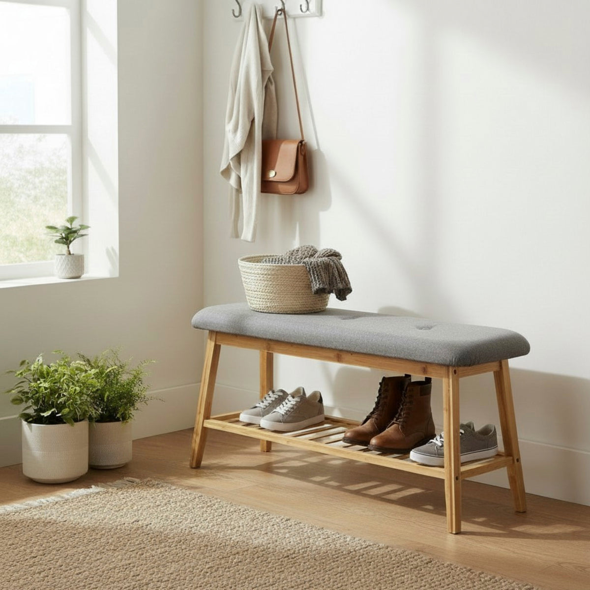 HAKU Möbel Schuhbank aus Textil mit Bambus in Grau B 60-100 cm H 44 cm, 100 x 30 cm, H 44 cm
