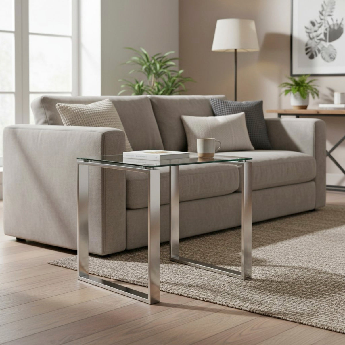HAKU Möbel Beistelltisch aus Metall mit Glas in Silber B 55-65 cm H 17-18 cm, 65 x 68 cm, H 18 cm