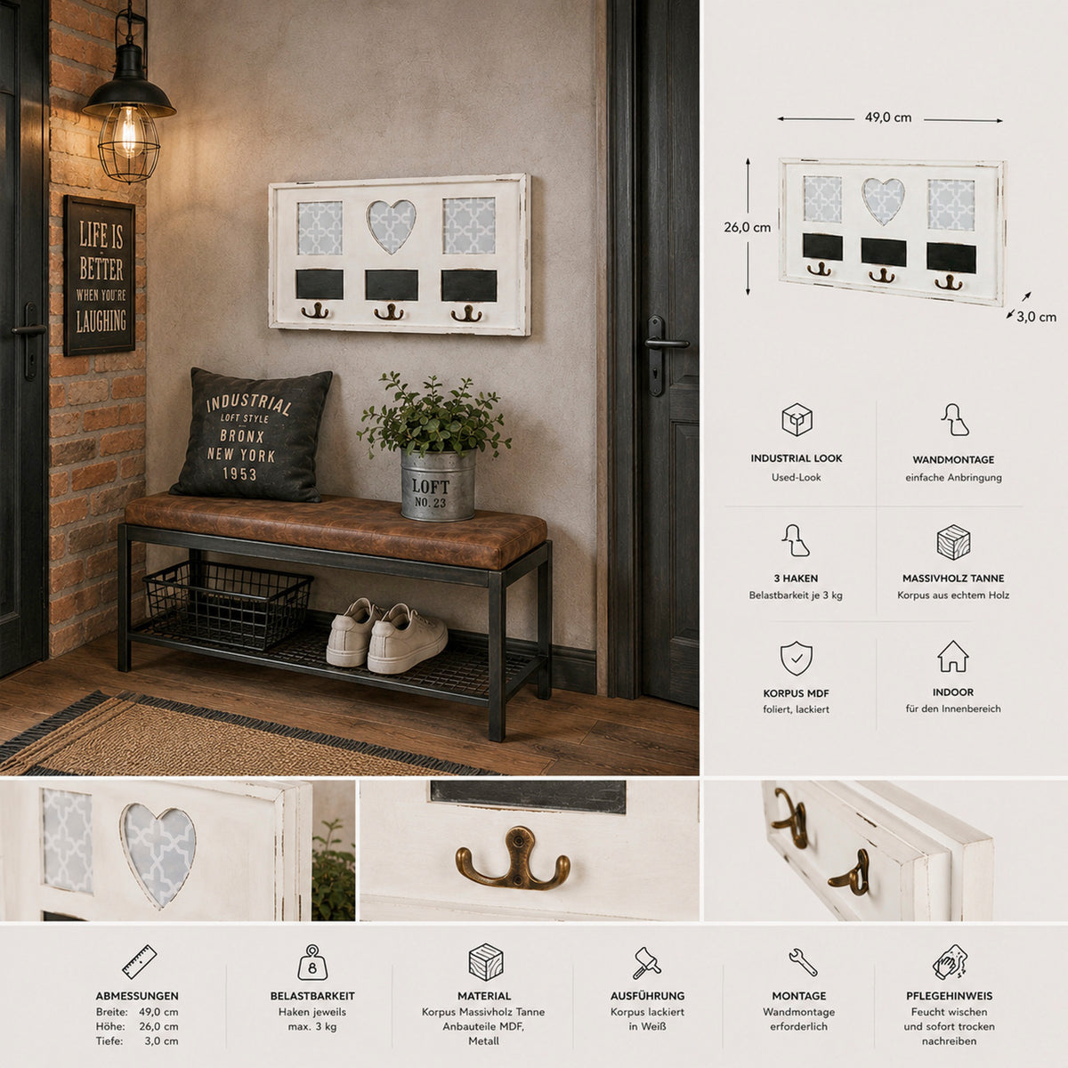 HAKU Möbel Wandgarderobe aus MDF in Weiss B 49-77 cm H 26 cm, 49 x 3 cm, H 26 cm