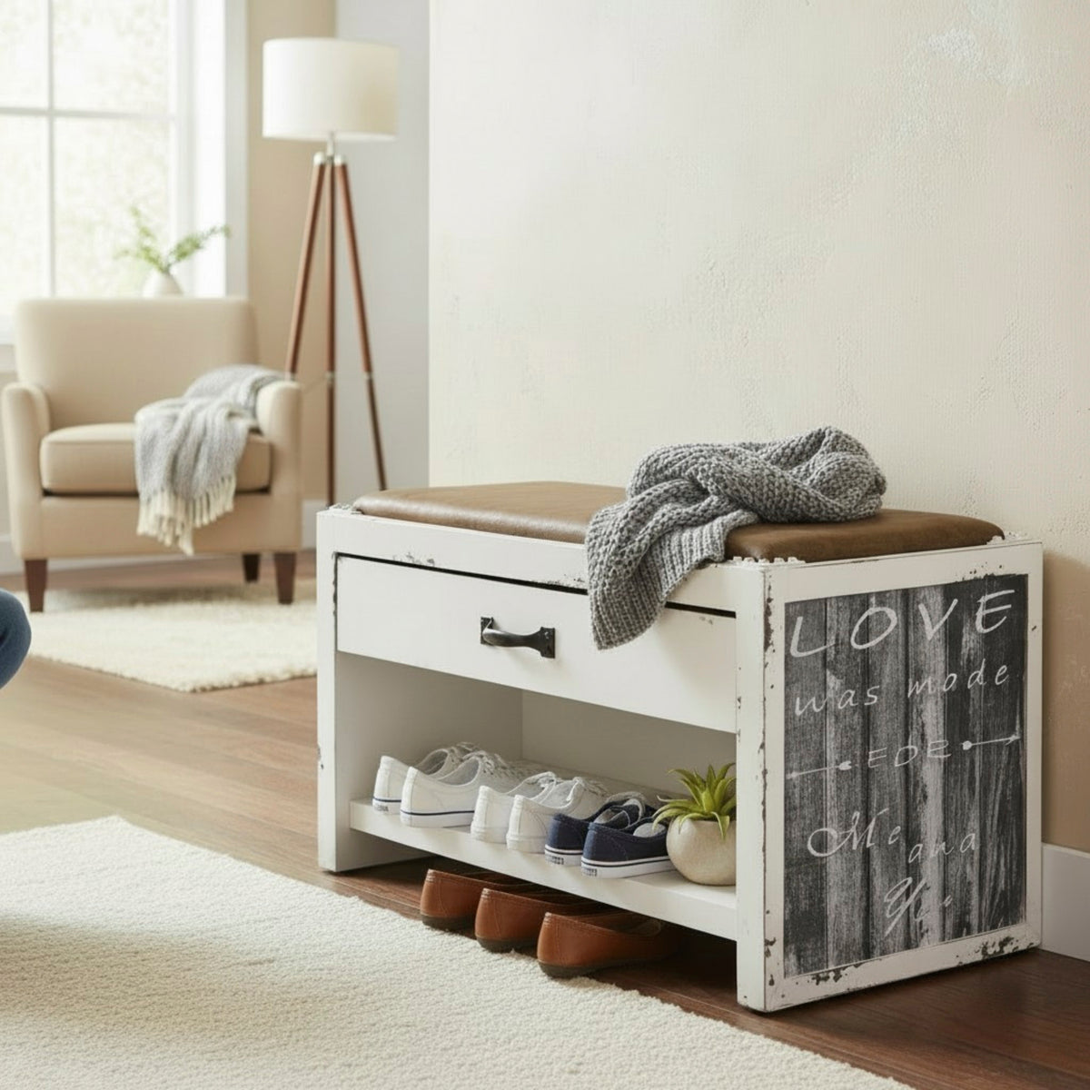 HAKU Möbel Schuhbank aus MDF gepolstert in Weiss 72 x 38 x 42 cm