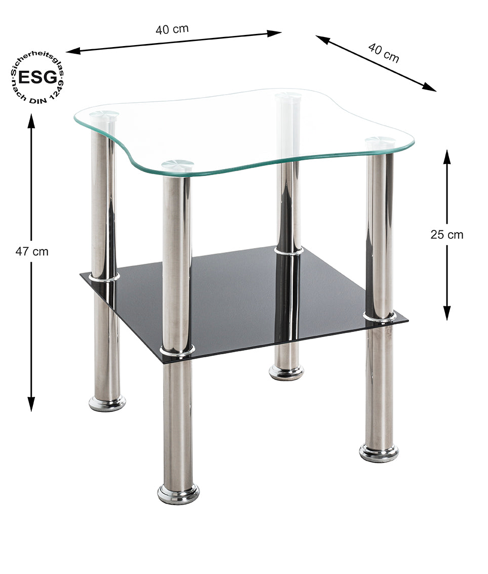 HAKU Möbel Beistelltisch aus Edelstahl mit Glas in Silber 40 x 40 x 47 cm in Edelstahl, Schwarz