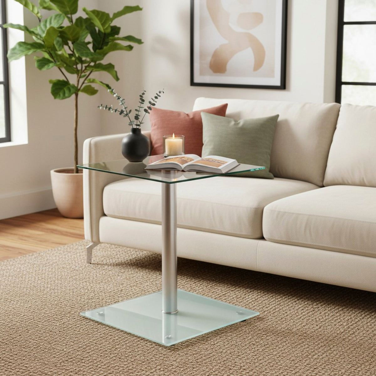 HAKU Möbel Beistelltisch aus Metall mit Glas 40 x 40 x 52 cm in Alu, Satiniert