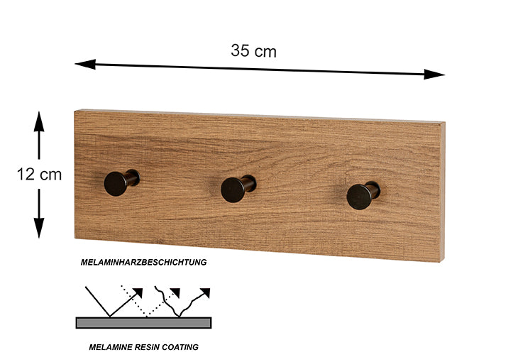 HAKU Möbel Garderobenleiste aus MDF kratzbeständig in Braun B 35-60 cm H 12 cm, 35 x 5 cm, H 12 cm in Eiche, Schwarz