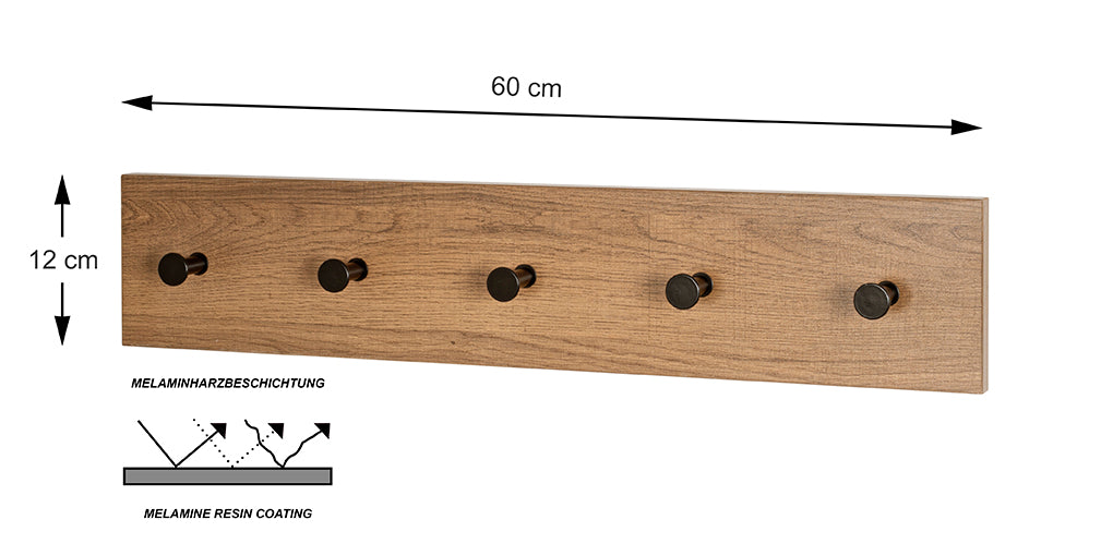 HAKU Möbel Garderobenleiste aus MDF kratzbeständig in Braun B 35-60 cm H 12 cm, 60 x 5 cm, H 12 cm in Eiche, Schwarz