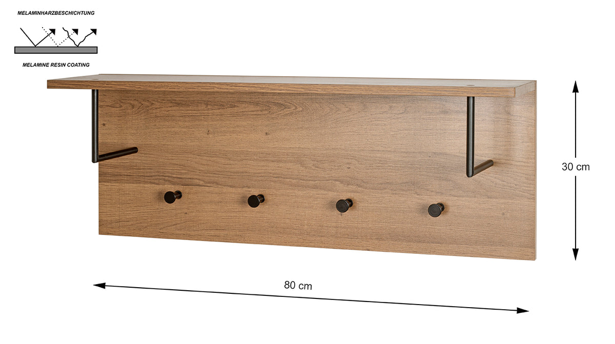 HAKU Möbel Wandgarderobe aus MDF kratzbeständig in Braun 80 x 20 x 30 cm in Eiche, Schwarz