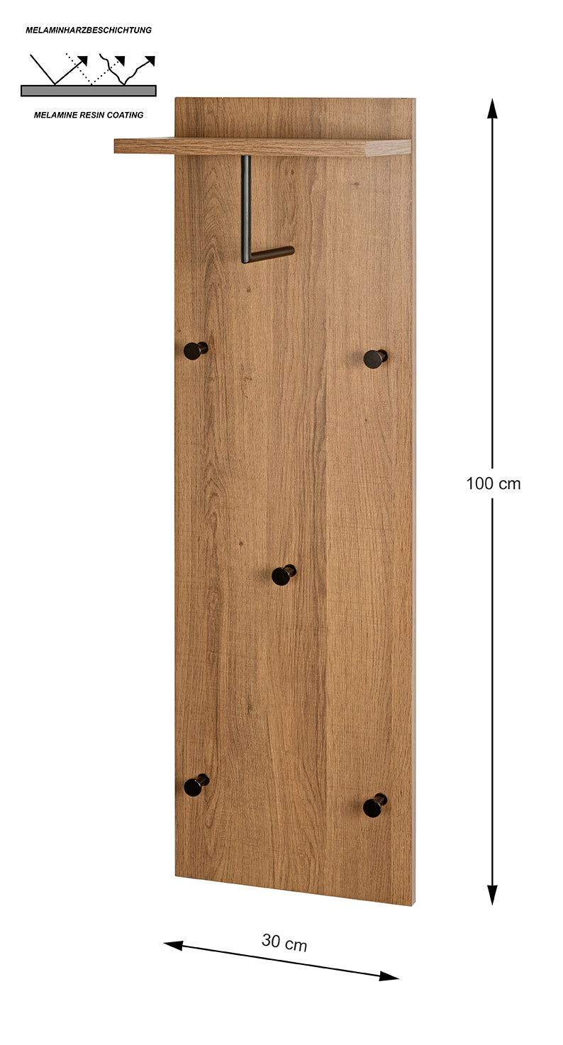 HAKU Möbel Wandgarderobe aus MDF kratzbeständig in Braun 30 x 20 x 100 cm in Eiche, Schwarz