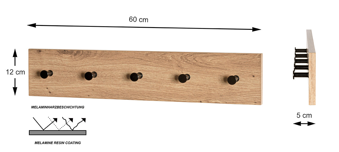 HAKU Möbel Garderobenleiste aus MDF kratzbeständig in Braun B 35-60 cm H 12 cm, 60 x 5 cm, H 12 cm in Eiche, Schwarz (Eiche hell)