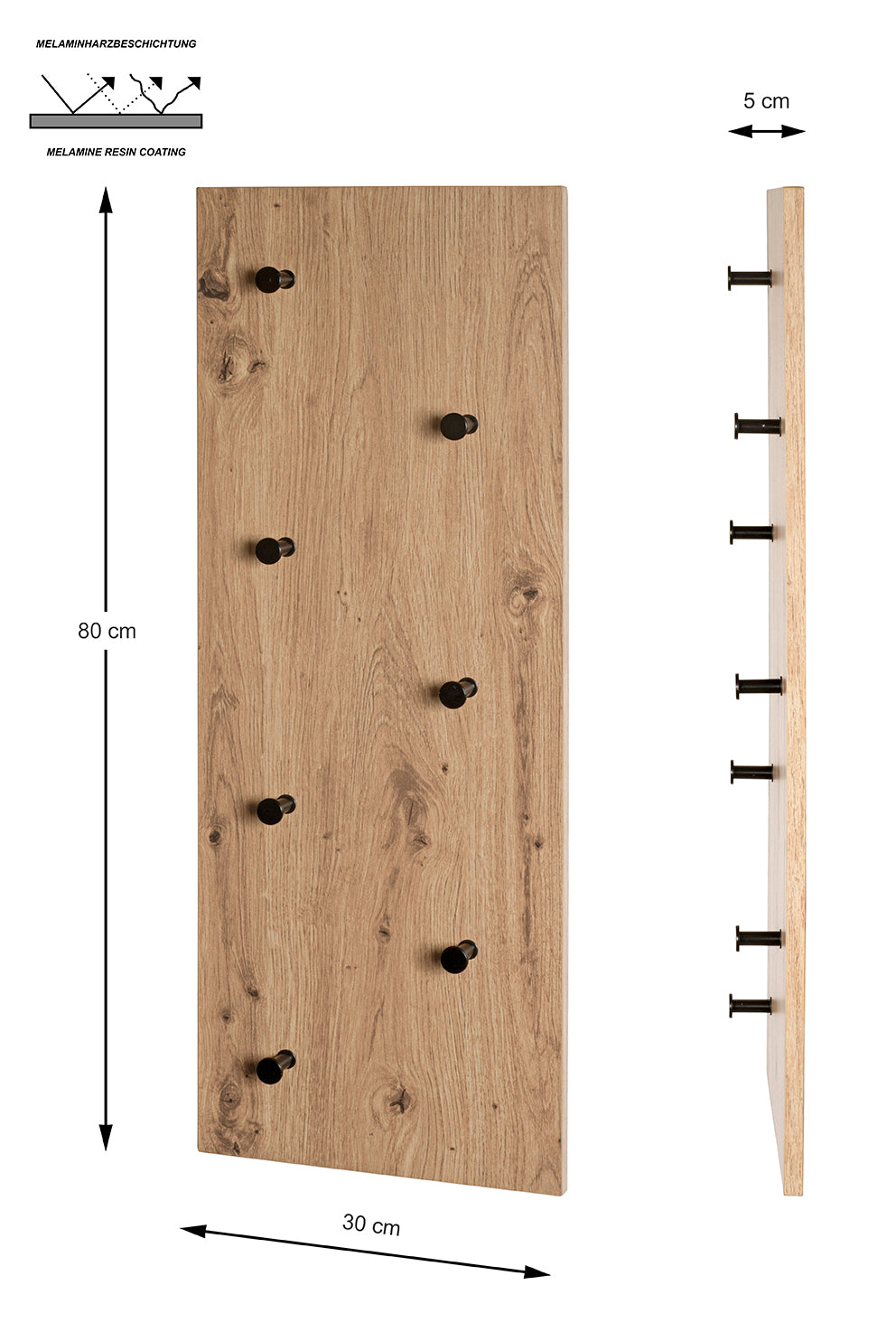 HAKU Möbel Wandgarderobe aus MDF kratzbeständig in Braun 80 x 5 x 30 cm in Eiche, Schwarz (Eiche hell)