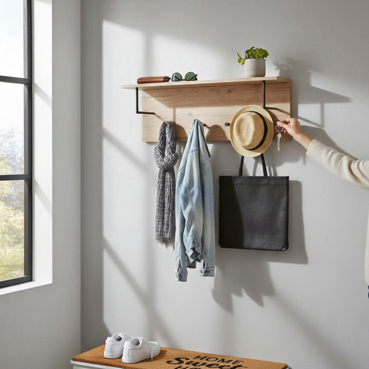 HAKU Möbel Wandgarderobe aus MDF kratzbeständig in Braun 80 x 20 x 30 cm in Eiche, Schwarz (Eiche hell)