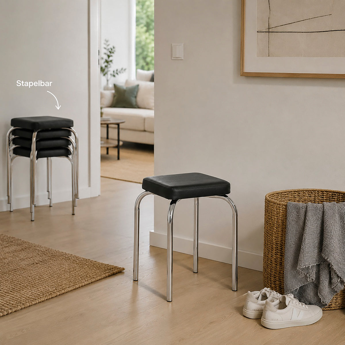HAKU Möbel Stapelhocker aus Textil gepolstert 34 x 34 x 49 cm in Chrom, Schwarz