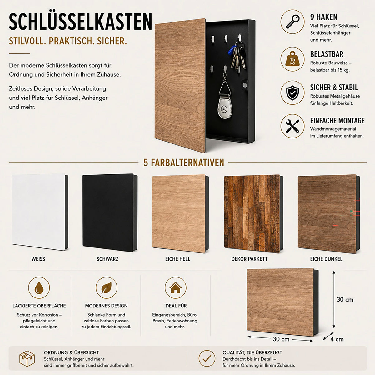 HAKU Möbel Schlüsselkasten aus Metall Motiv Parkett in Braun