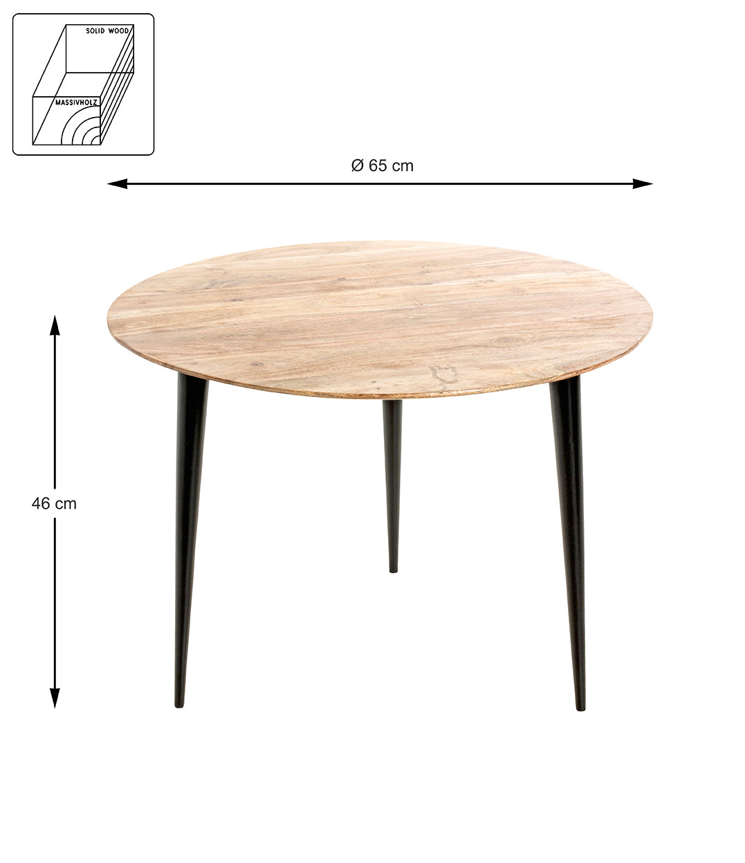 HAKU Möbel Beistelltisch aus Massivholz Schweizer Kante in Braun H 41-46 cm Ø 50-65 cm, Ø 65 cm, H 46 cm