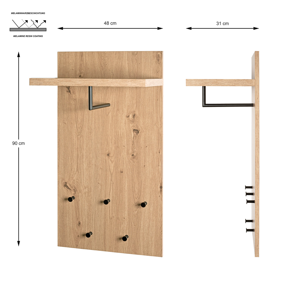HAKU Möbel Wandgarderobe aus MDF kratzbeständig in Braun 48 x 31 x 90 cm
