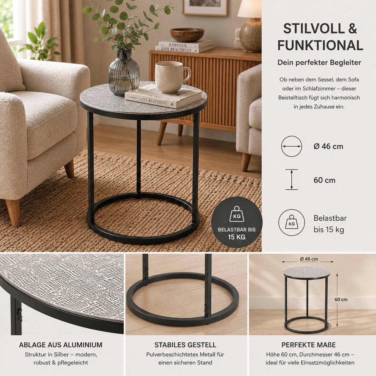 HAKU Möbel Beistelltisch aus Metall in Silber H 52-60 cm Ø 41-46 cm, Ø 46 cm, H 60 cm