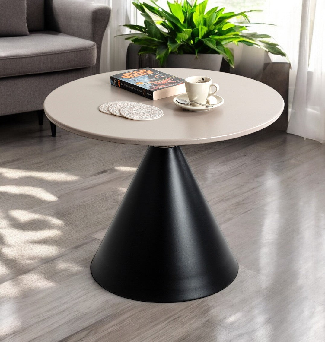 HAKU Möbel Beistelltisch aus Metall Säulenfuss in Beige, Ø 60 cm, H 47 cm