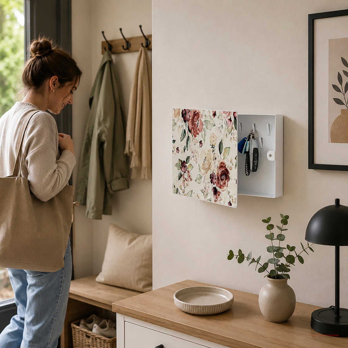 HAKU Möbel Schlüsselkasten aus Metall Motiv Floral in Weiss