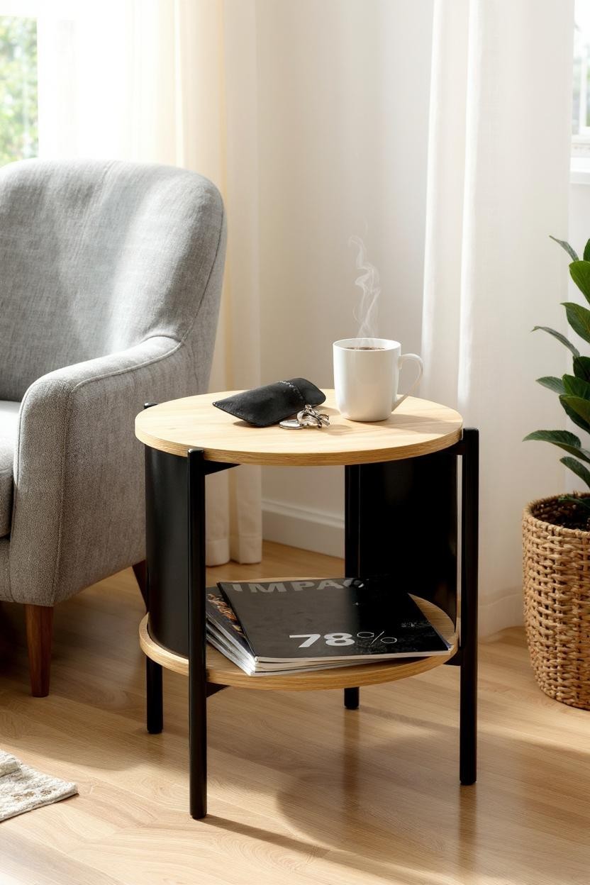 HAKU Möbel Beistelltisch aus MDF kratzbeständig in Braun H 44-60 cm Ø 44 cm, Ø 44 cm, H 44 cm in Eiche, Schwarz (Eiche natur)