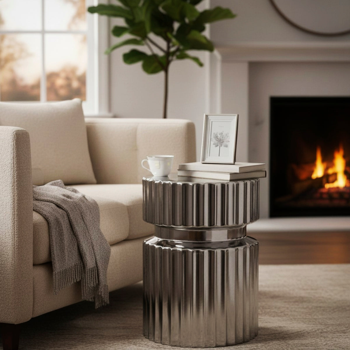 HAKU Möbel Beistelltisch aus Keramik Säulenfuss in Silber